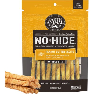 Earth Animal Earth Animal No-Hide Stix Long Lasting Natural Rawhide Free Peanut Butter Vegetarian Recipe Dog & Cat Chew Treat Sticks, 10 count