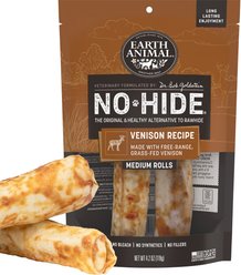 Earth Animal No-Hide Medium Rolls Long Lasting Natural Rawhide Free Venison Recipe Dog Chews, 2 count