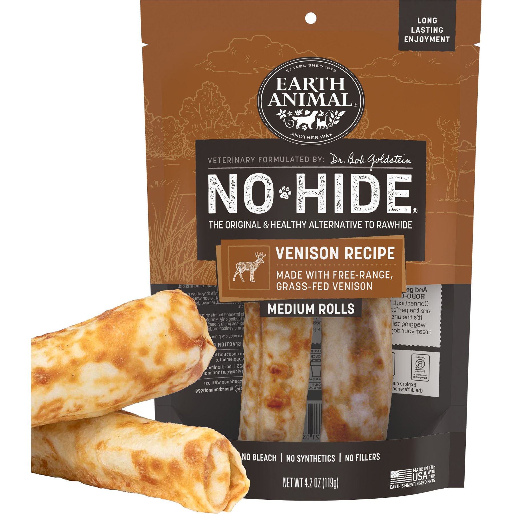 Earth Animal No-Hide Medium Rolls Long Lasting Natural Rawhide Free Venison Recipe Dog Chews, 2 count