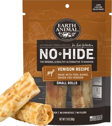 Earth Animal No-Hide Small Rolls Long Lasting Natural Rawhide Free Venison Recipe Dog Chews, 2 count