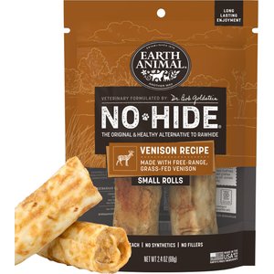 Earth Animal No-Hide Small Rolls Long Lasting Natural Rawhide Free Venison Recipe Dog Chews, 2 count