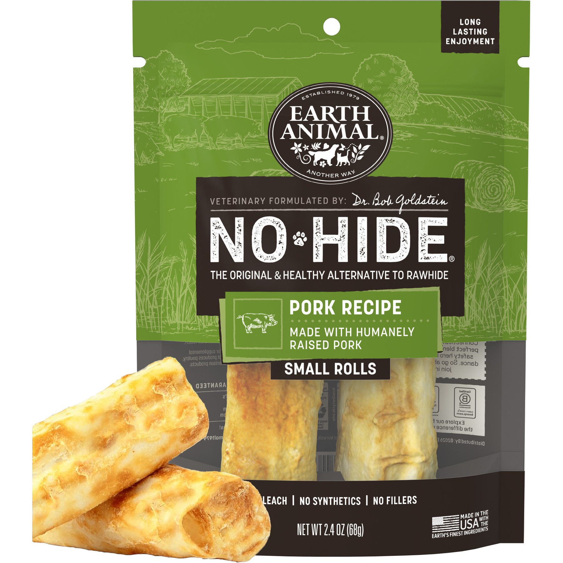 Earth Animal No-Hide Small Rolls Long Lasting Natural Rawhide Free Pork Recipe Dog Chews, 2 count