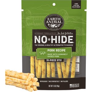 Earth Animal No-Hide Stix Long Lasting Natural Rawhide Free Pork Recipe Dog & Cat Chew Treat Sticks, 10 count