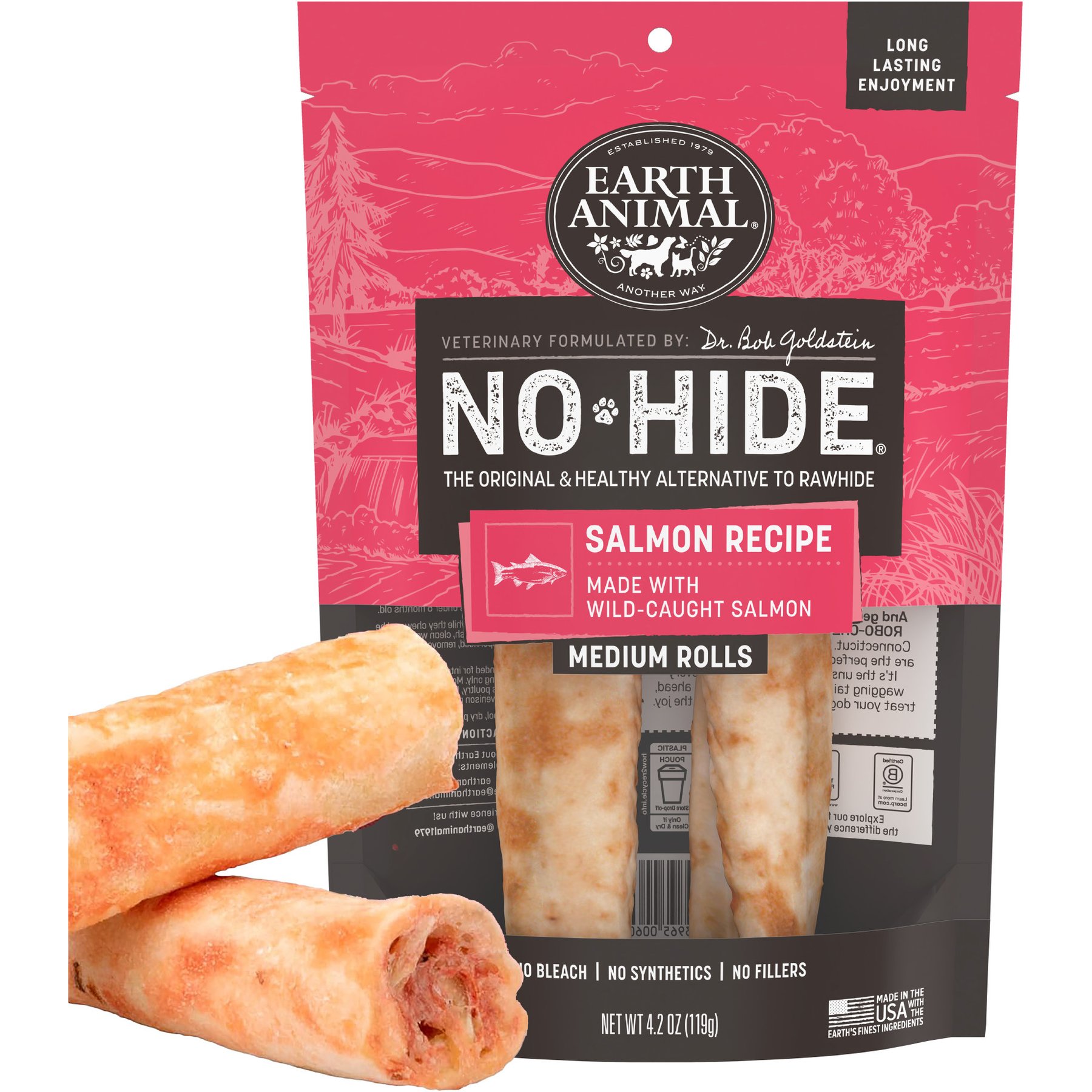 Earth Animal No-Hide Medium Rolls Long Lasting Natural Rawhide Free Salmon Recipe Dog Chews, 2 count