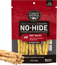 Earth Animal No-Hide Stix Long Lasting Natural Rawhide Alternative Beef Recipe Chew Dog & Cat Treat Sticks, 10 count
