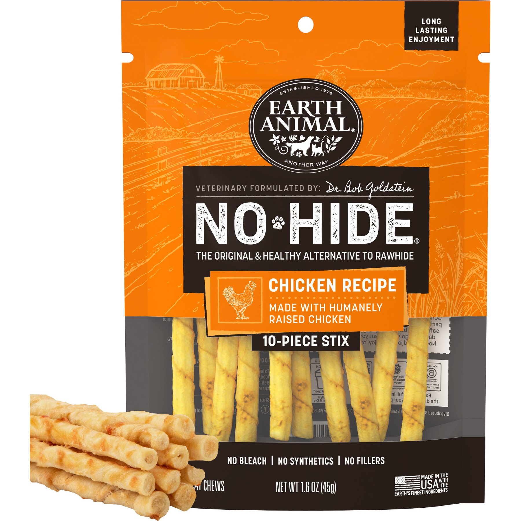 Earth Animal No-Hide Stix Long Lasting Natural Rawhide Free Chicken Recipe Dog & Cat Chew Treat Sticks, 10 count