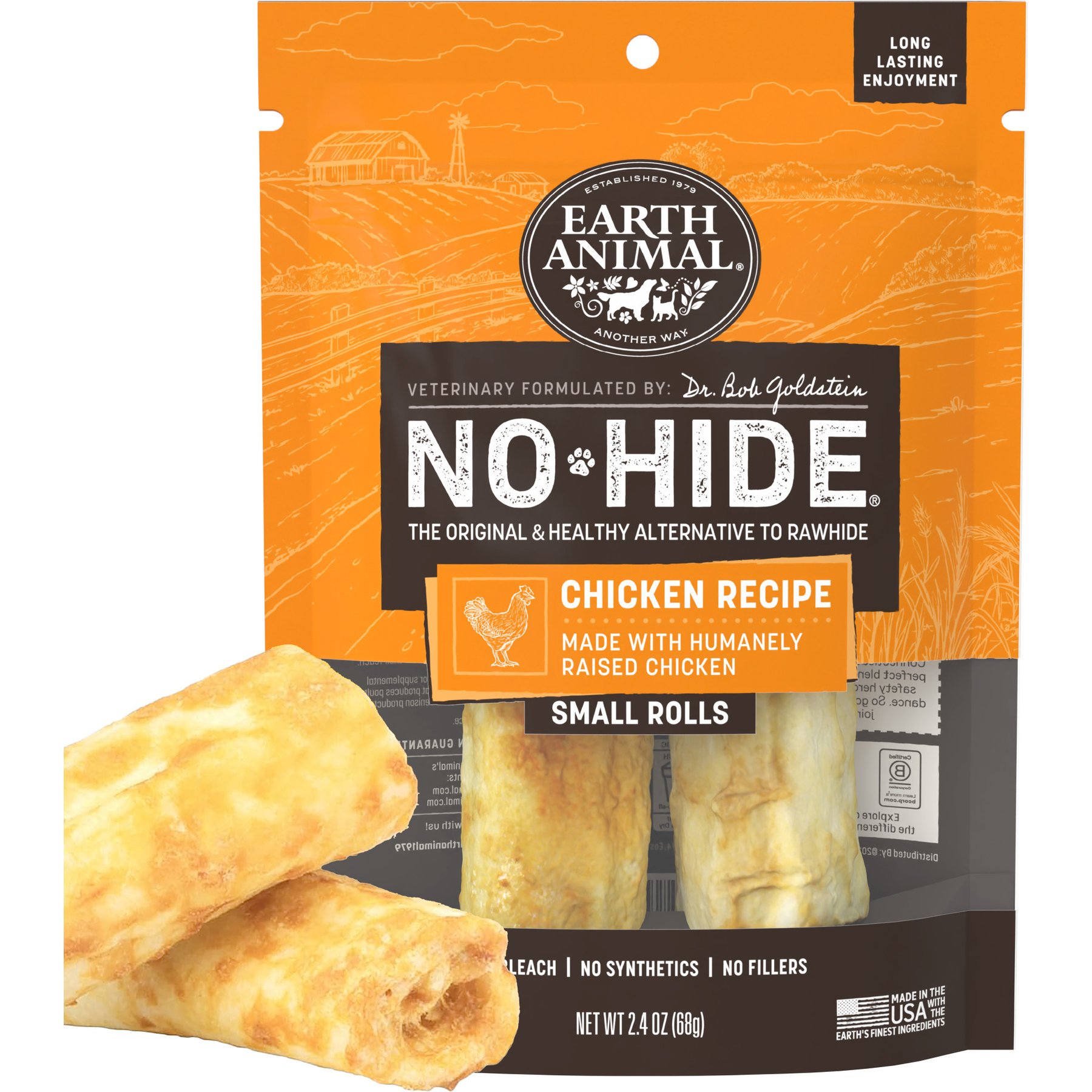 Earth Animal No-Hide Small Rolls Long Lasting Natural Rawhide Free Chicken Recipe Dog Chews, 2 count