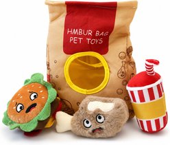EYS Fast Food Burger Bag Hide & Seek Squeaky Plush Dog Toy, Multicolor, 4 count