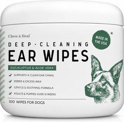 Chew + Heal Deep-Cleaning Eucalyptus & Aloe Vera Waterless Dog Ear Wipes, 100 count