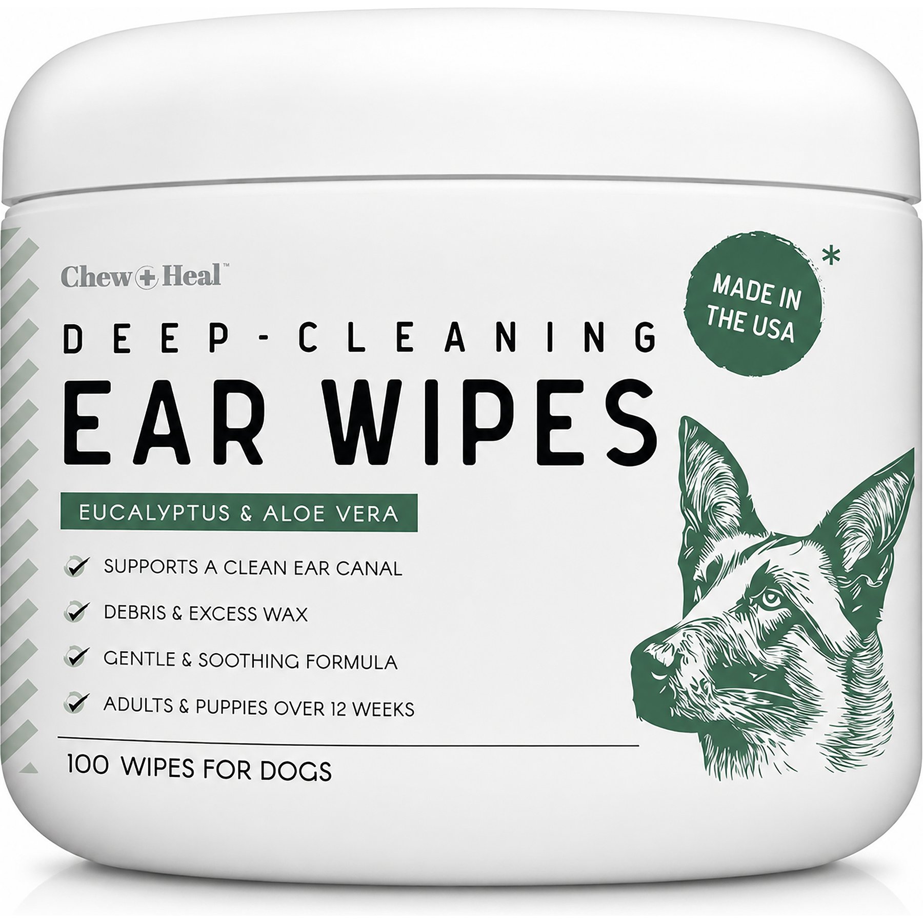 Chew + Heal Deep-Cleaning Eucalyptus & Aloe Vera Waterless Dog Ear Wipes, 100 count