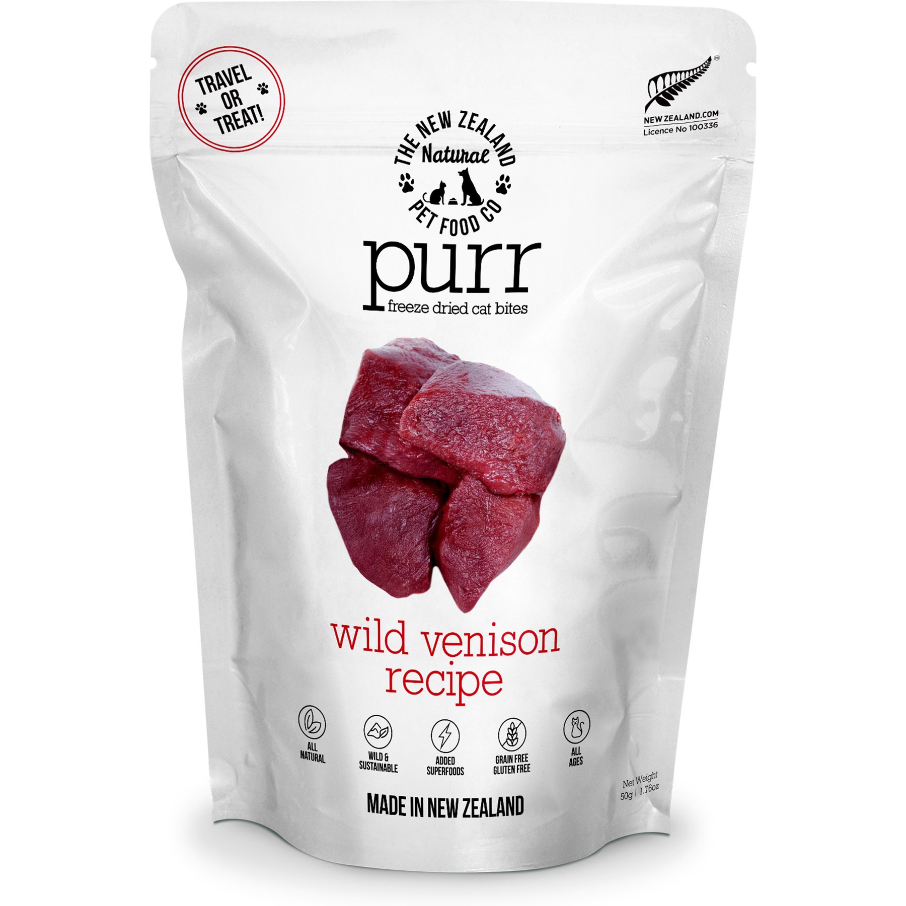 The New Zealand Natural Pet Food Co. Purr Wild Venison Grain-Free Freeze-Dried Cat Treats, 1.76-oz bag