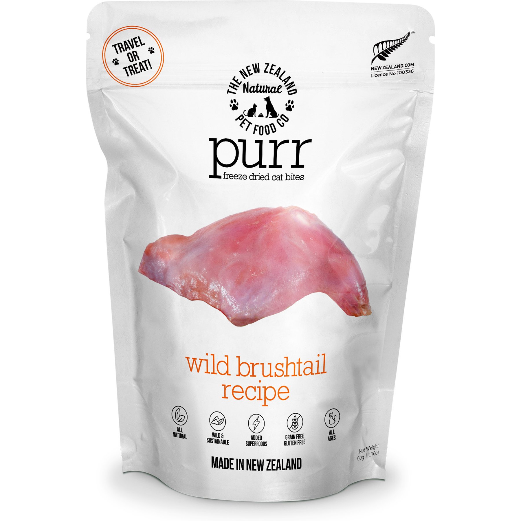 The New Zealand Natural Pet Food Co. Purr Wild Brushtail Grain-Free Freeze-Dried Cat Treats, 1.76-oz bag