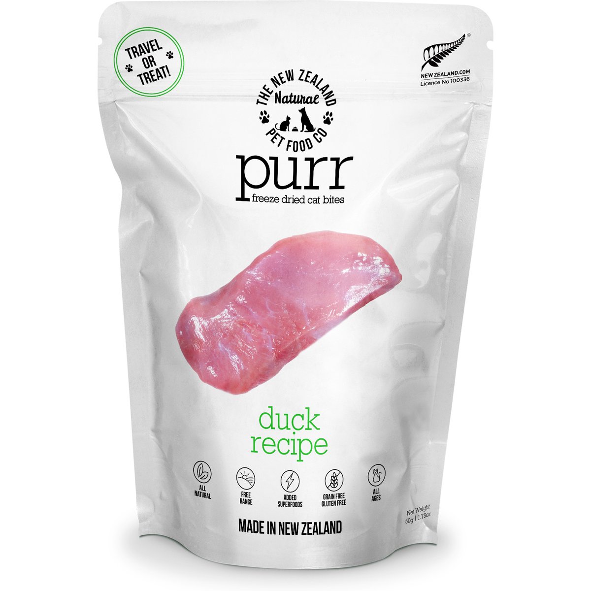 The New Zealand Natural Pet Food Co. Purr Duck Grain-Free Freeze-Dried Cat Treats, 1.76-oz bag