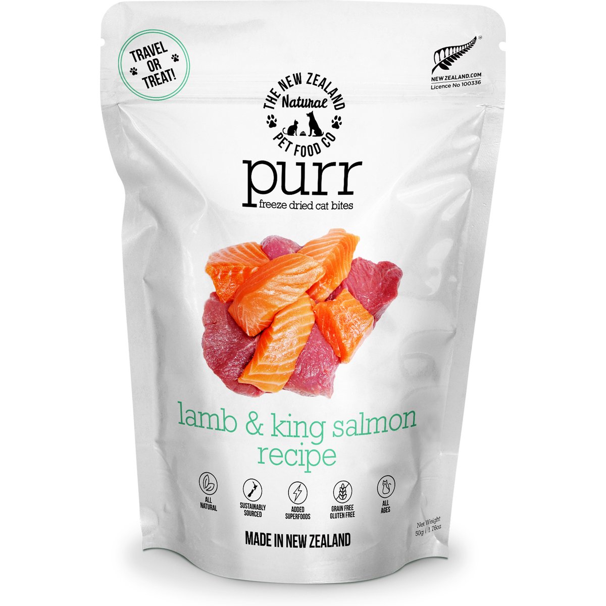 The New Zealand Natural Pet Food Co. Purr Lamb & King Salmon Grain-Free Freeze-Dried Cat Treats, 1.76-oz bag