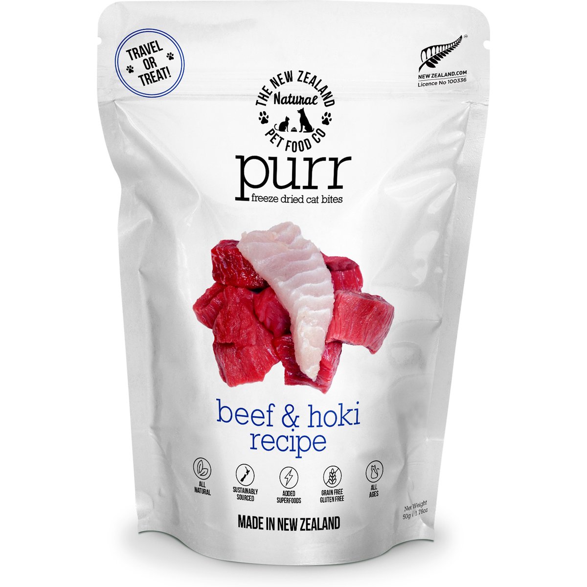 The New Zealand Natural Pet Food Co. Purr Beef & Hoki Grain-Free Freeze-Dried Cat Treats, 1.76-oz bag