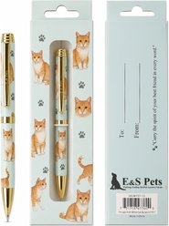 E&S PETS Smooth Writing & Engraved Clip Orange & White Cat Ballpoint Pen Stationery with Gift Box, Light Blue