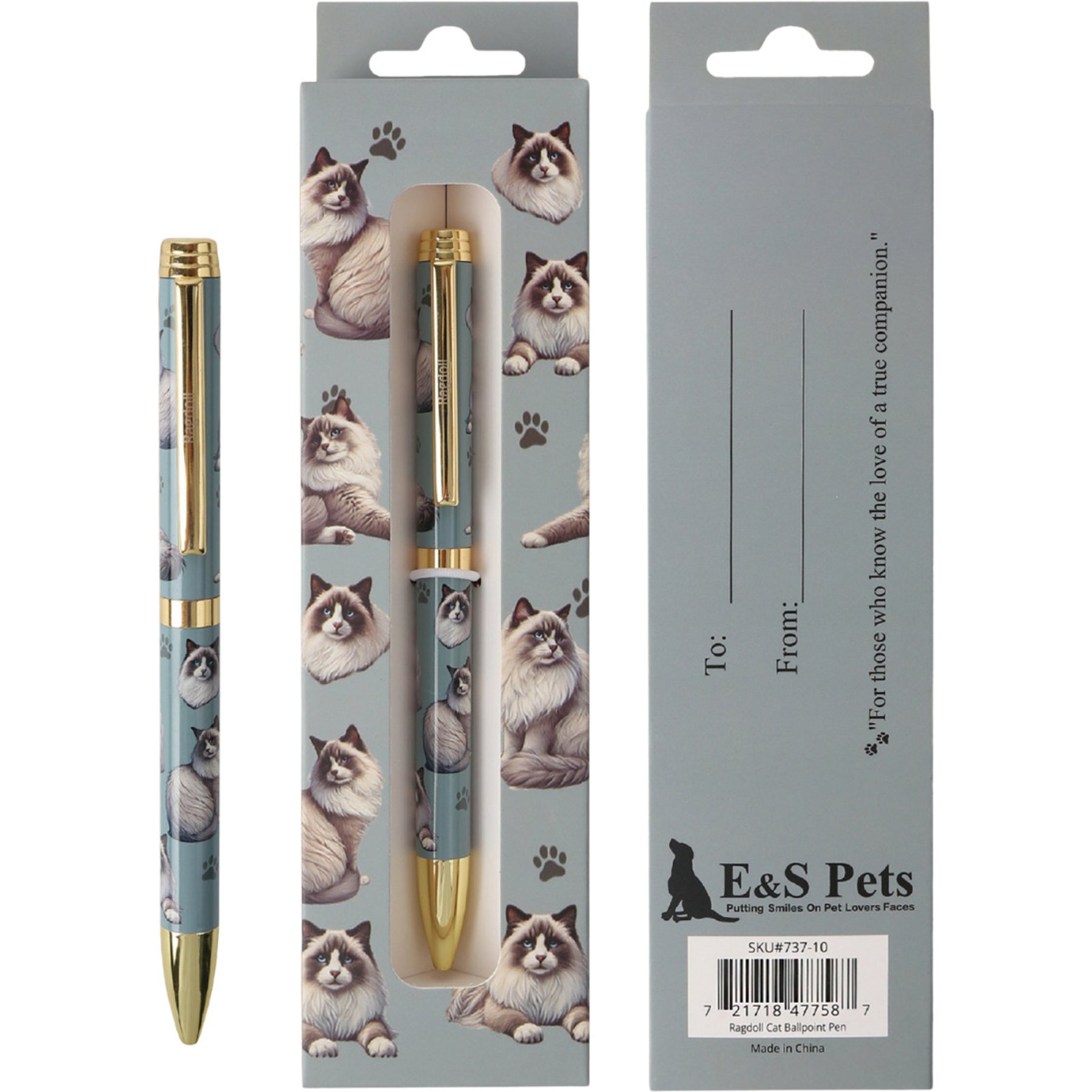 E&S PETS Smooth Writing & Engraved Clip Ragdoll Cat Ballpoint Pen Stationery with Gift Box, Blue