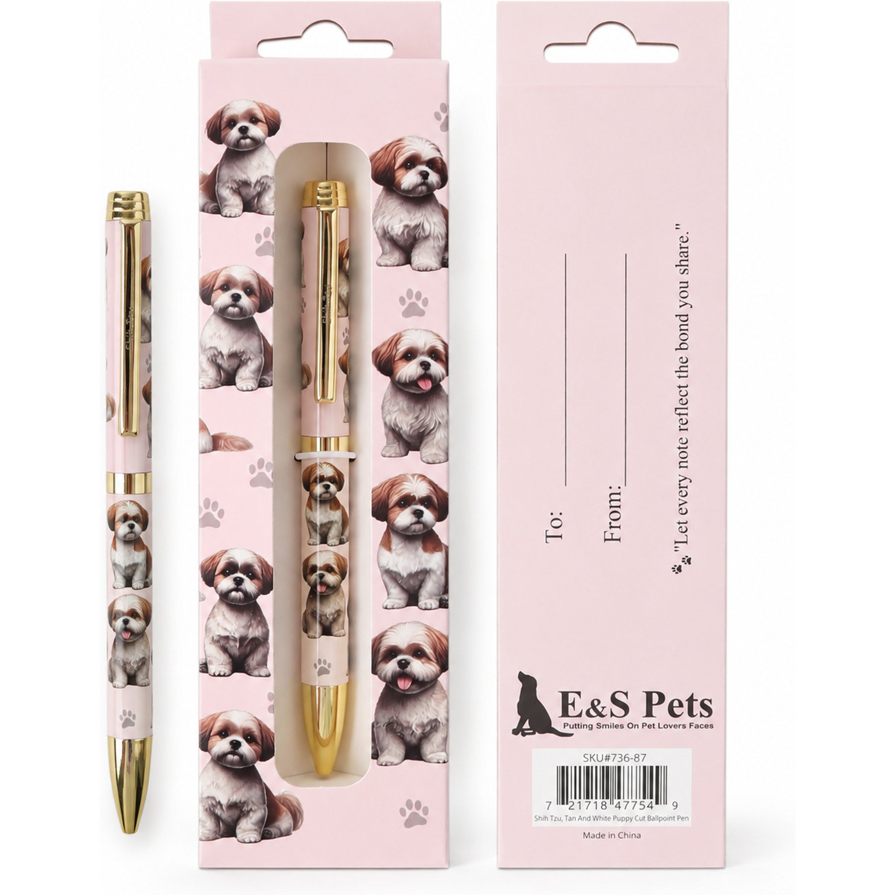 E&S PETS Smooth Writing & Engraved Clip Shih Tzu Tan & White Puppy Cut Ballpoint Pen Stationery with Gift Box, Orange