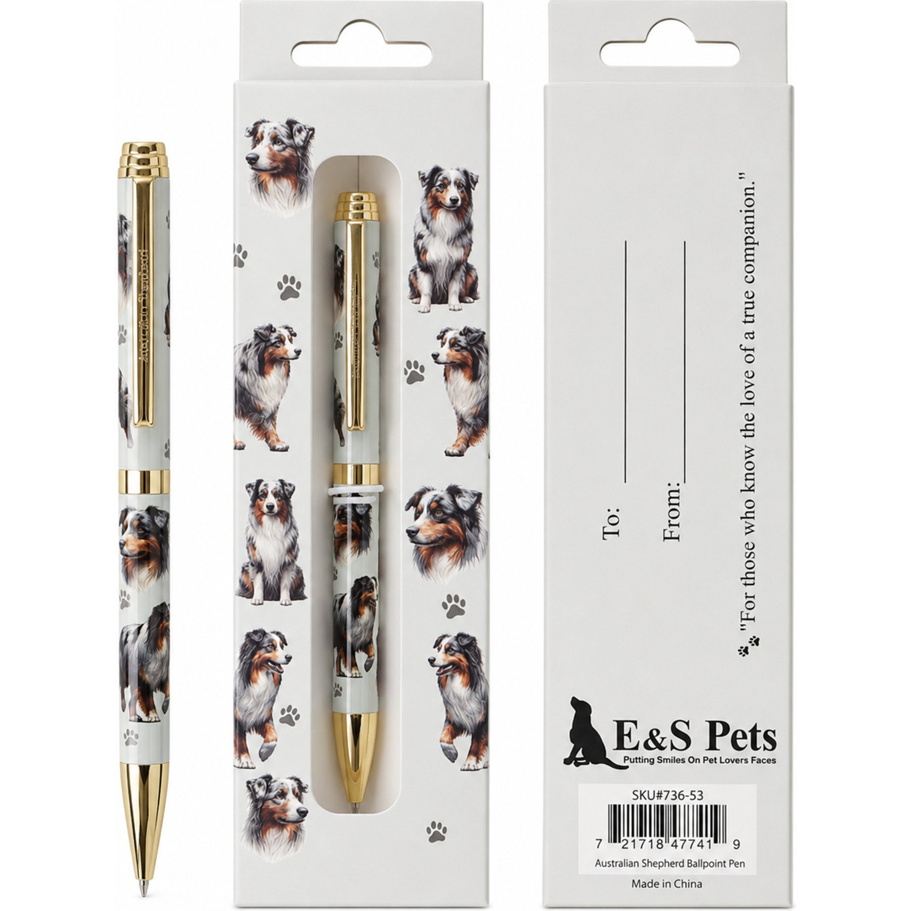 E&S PETS Smooth Writing & Engraved Clip Australian Shepherd Ballpoint Pen Stationery with Gift Box, Steal