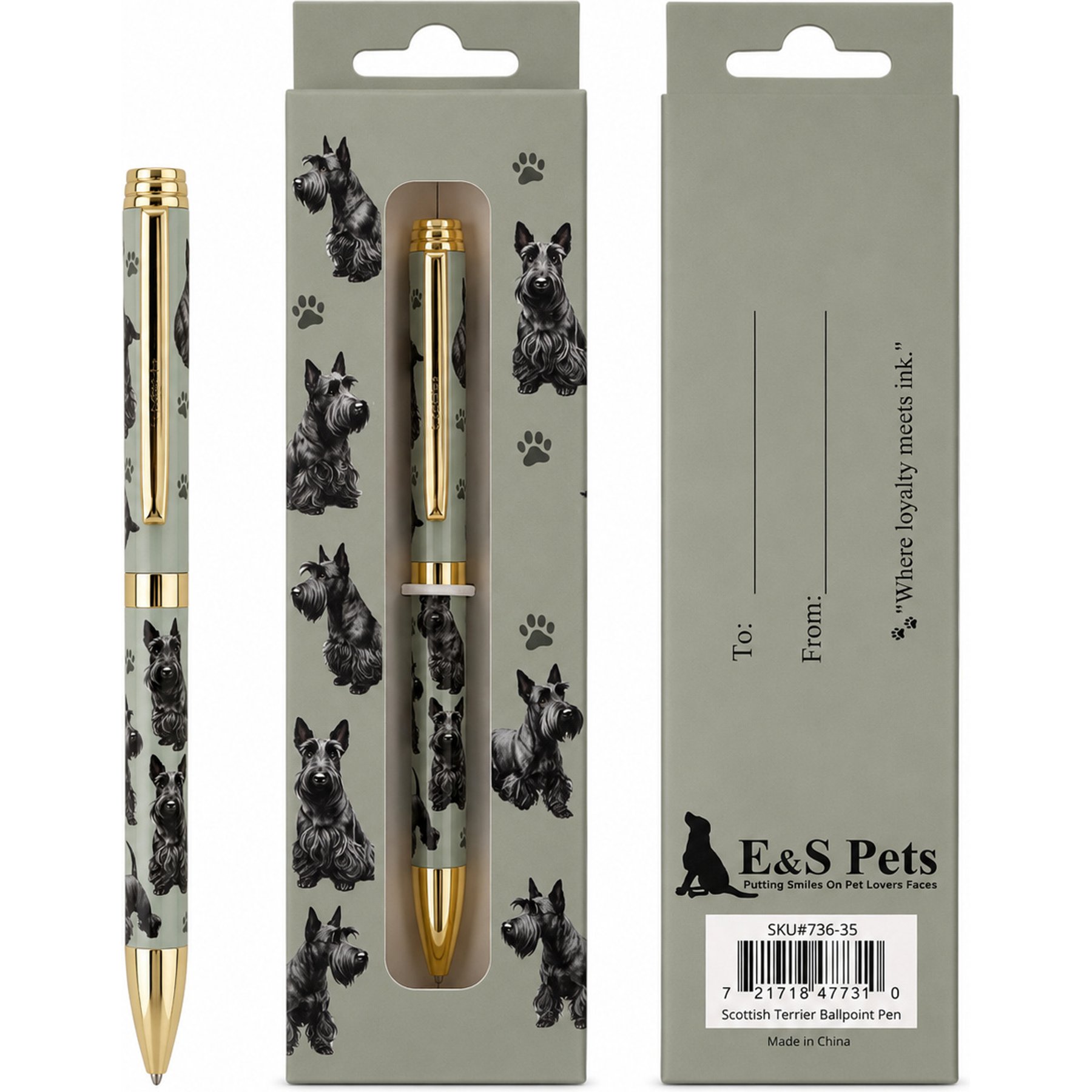 E&S PETS Smooth Writing & Engraved Clip Scottie Ballpoint Pen Stationery with Gift Box, Green