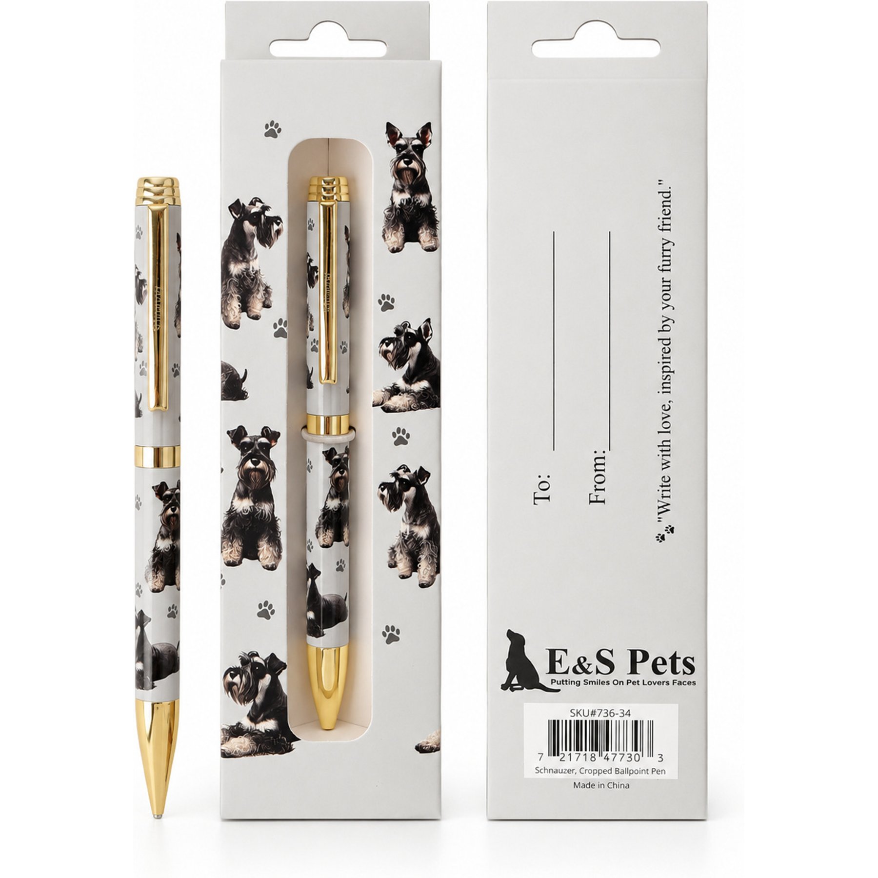 E&S PETS Smooth Writing & Engraved Clip Schnauzer Cropped Ballpoint Pen Stationery with Gift Box, Grey