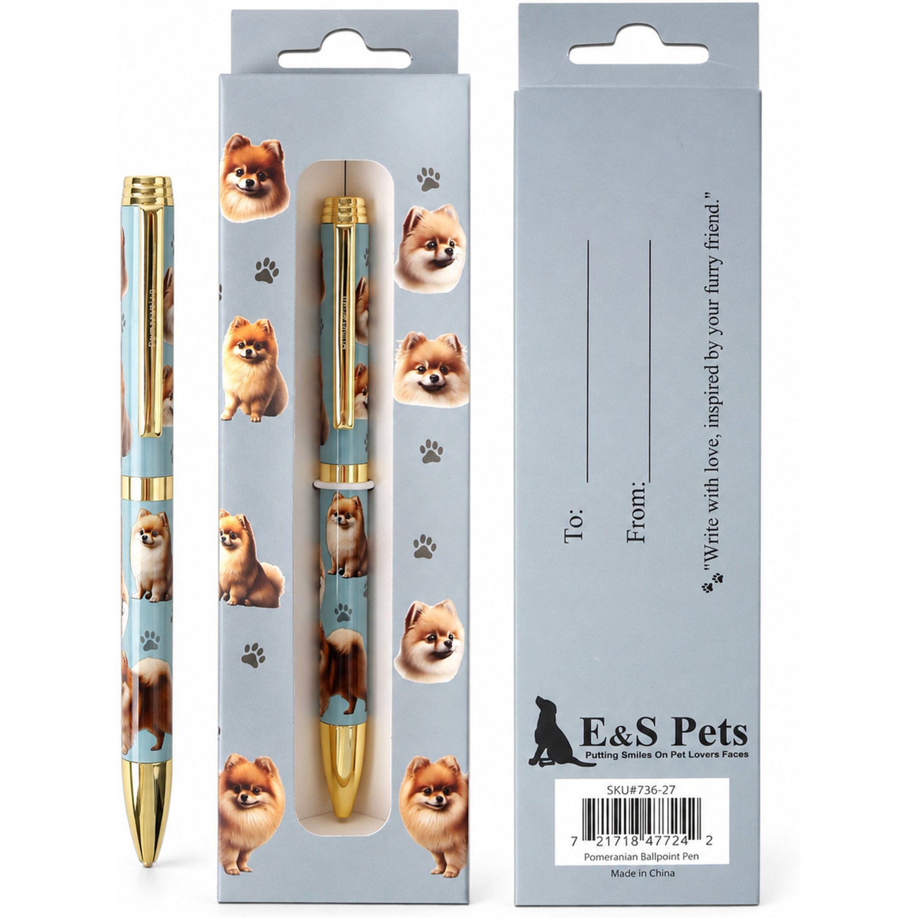 E&S PETS Smooth Writing & Engraved Clip Pomeranian Ballpoint Pen Stationery with Gift Box, Steal