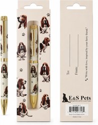 E&S PETS Smooth Writing & Engraved Clip Basset Hound Ballpoint Pen Stationery with Gift Box, Cream