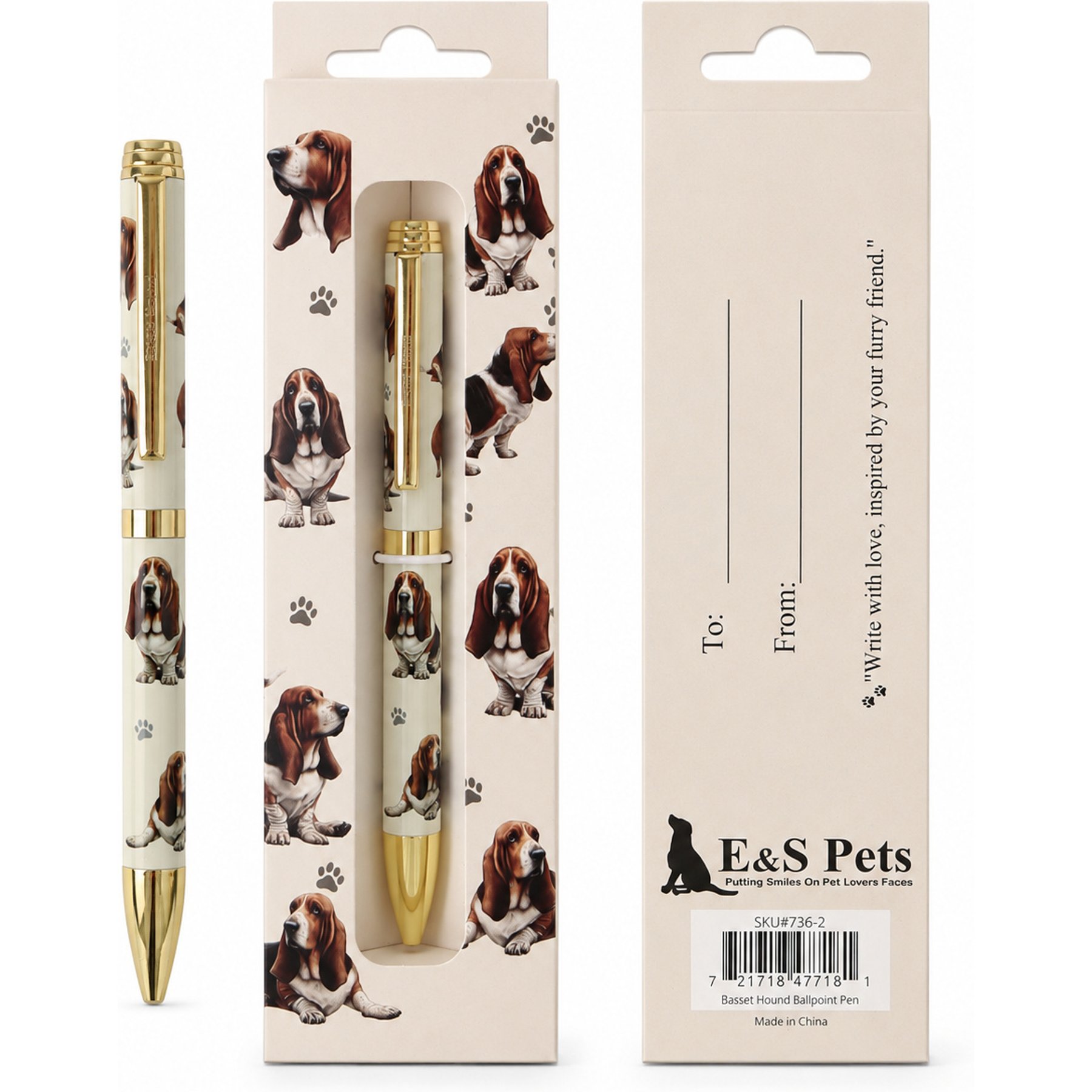 E&S PETS Smooth Writing & Engraved Clip Basset Hound Ballpoint Pen Stationery with Gift Box, Cream