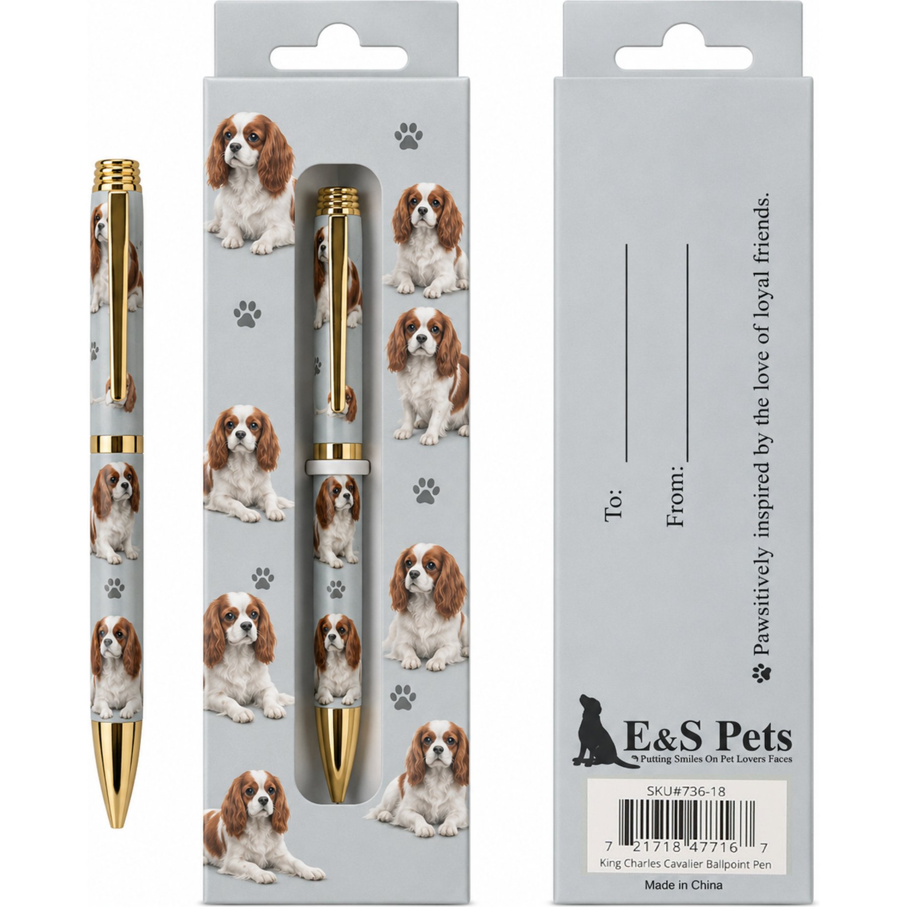 E&S PETS Smooth Writing & Engraved Clip King Charles Cavalier Ballpoint Pen Stationary with Gift Box, Steal
