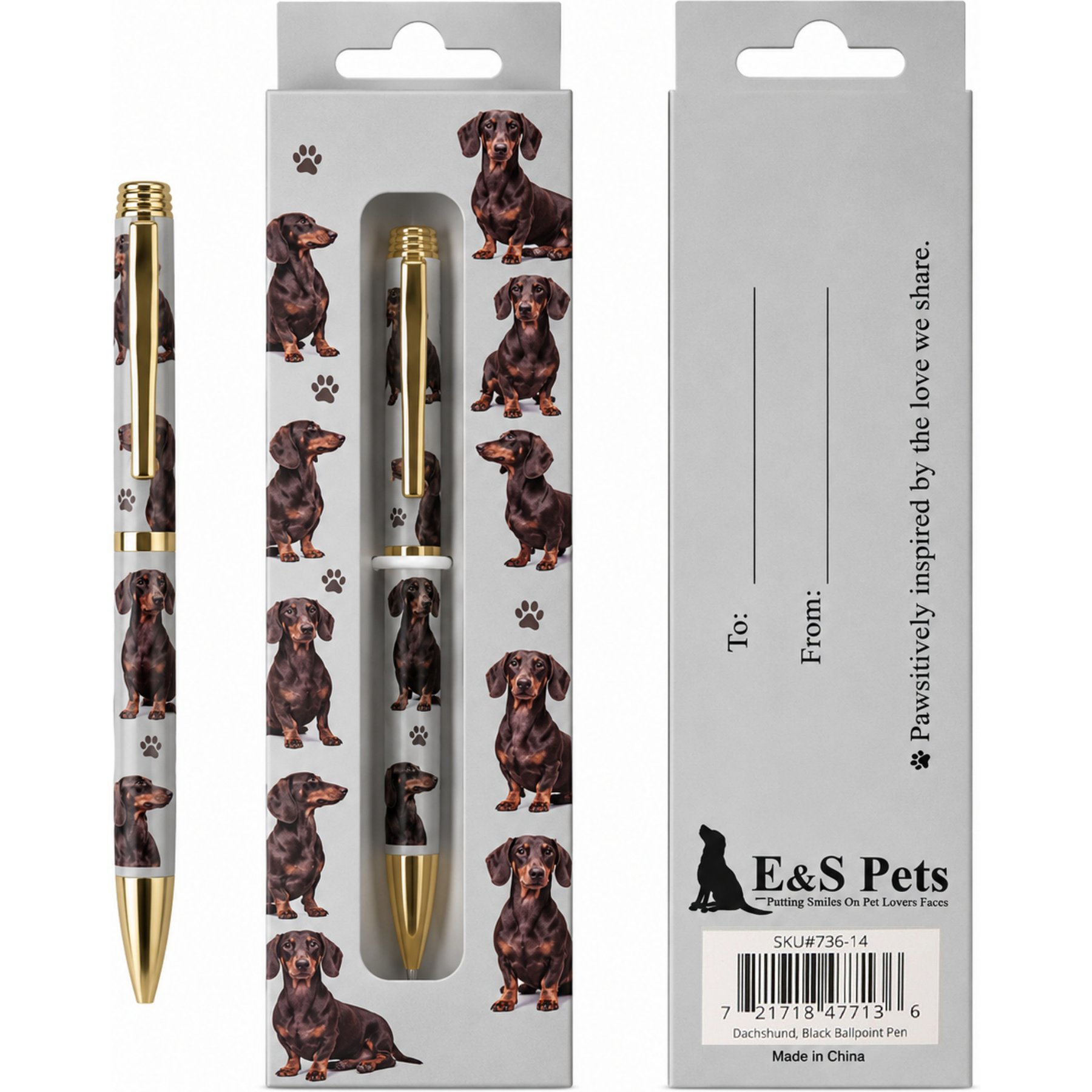 E&S PETS Smooth Writing & Engraved Clip Dachshund Black Ballpoint Pen Stationery with Gift Box, Steal
