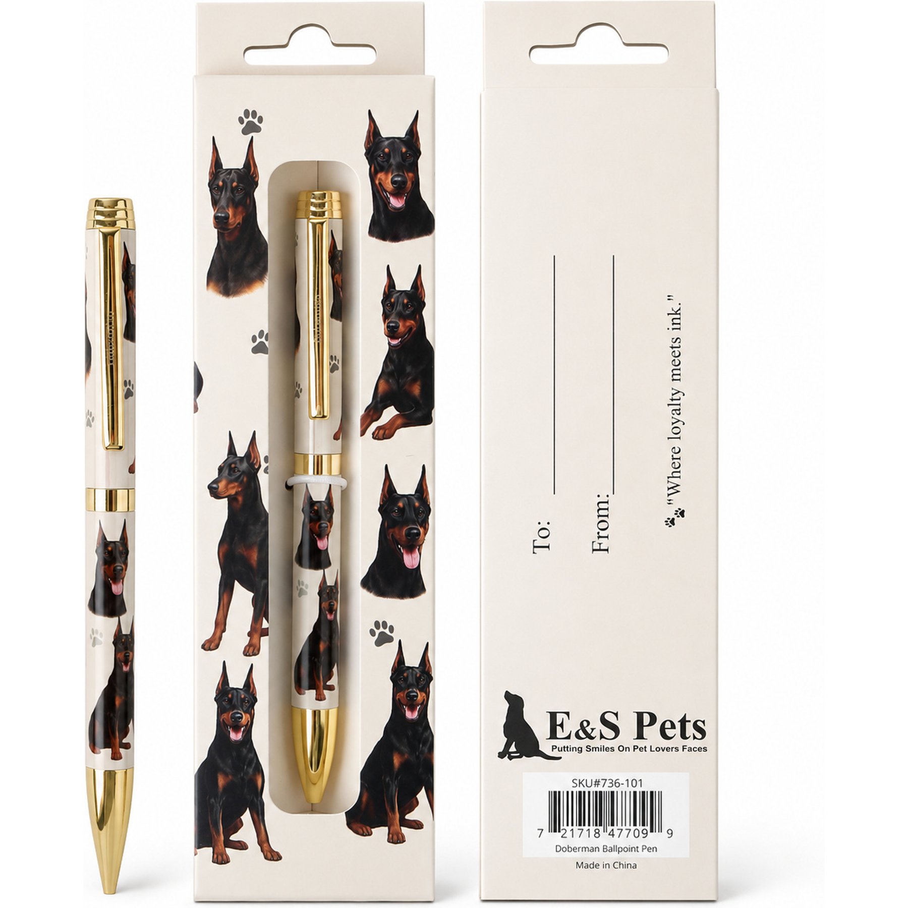 E&S PETS Smooth Writing & Engraved Clip Doberman Ballpoint Pen Stationery with Gift Box, Cream