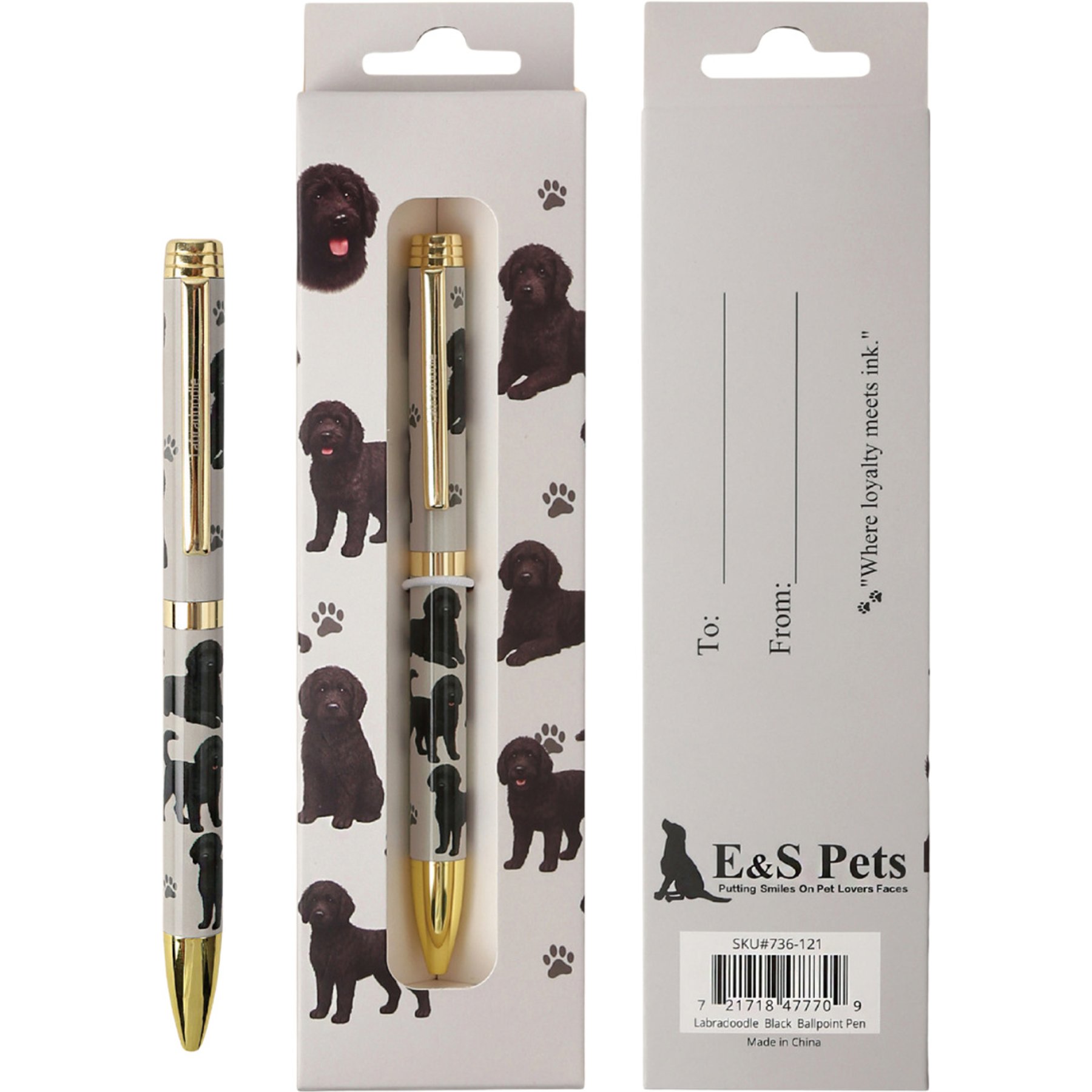 E&S PETS Smooth Writing & Engraved Clip Labradoodle Black Ballpoint Pen Stationary with Gift Box, Steal