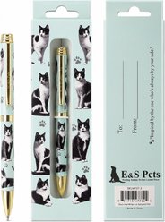E&S PETS Smooth Writing & Engraved Clip Black & White Ballpoint Pen Stationery with Gift Box, Light Blue