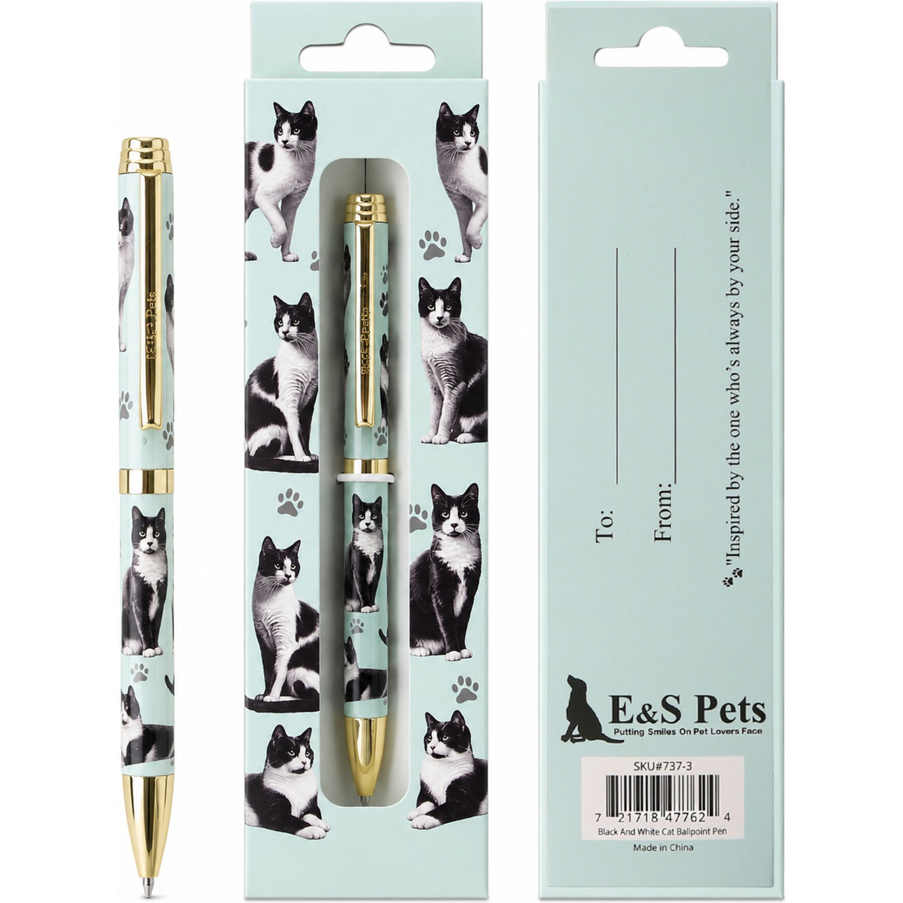 E&S PETS Smooth Writing & Engraved Clip Black & White Ballpoint Pen Stationery with Gift Box, Light Blue