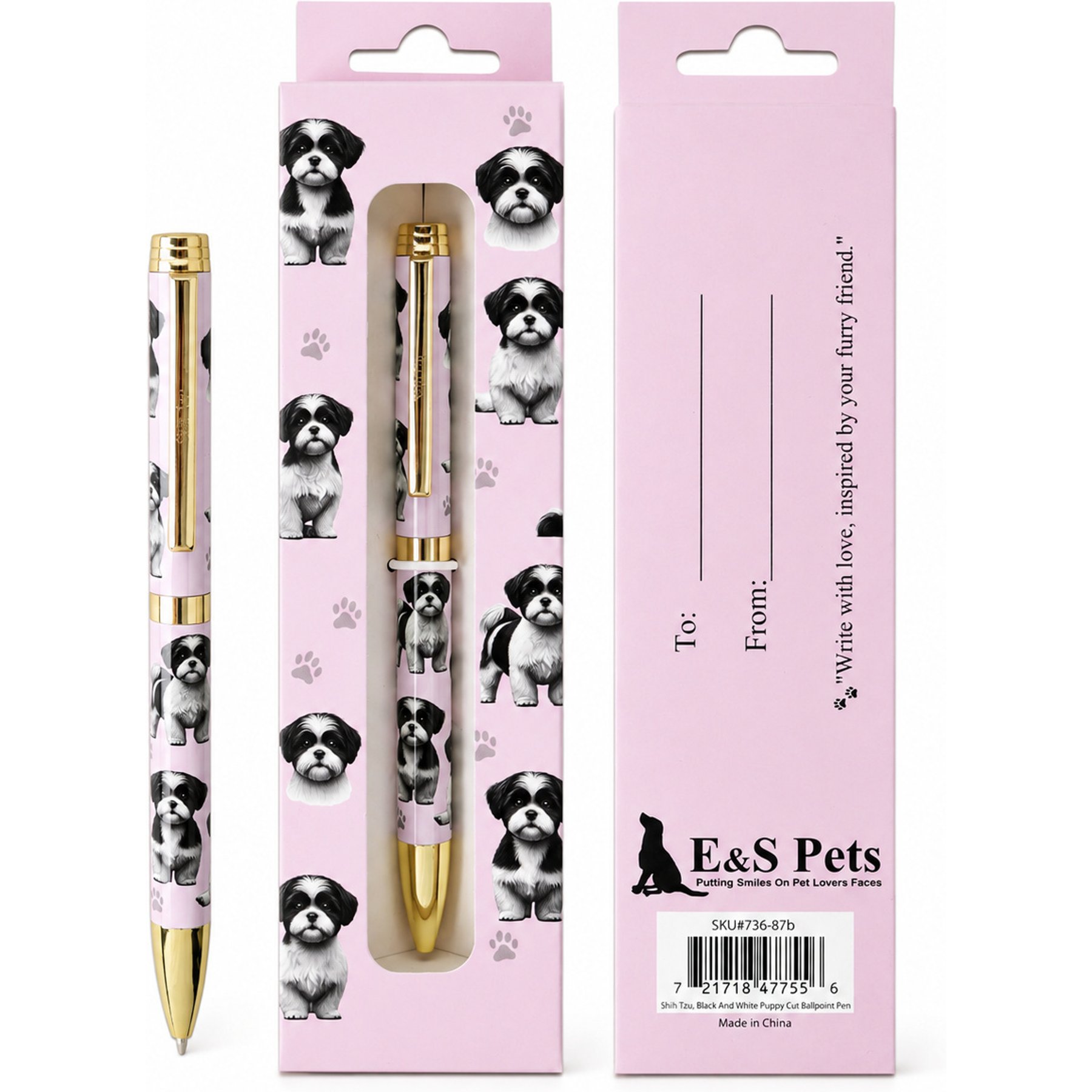 E&S PETS Smooth Writing & Engraved Clip Shih Tzu Black & White Puppy Cut Ballpoint Pen Stationery with Gift Box, Pink