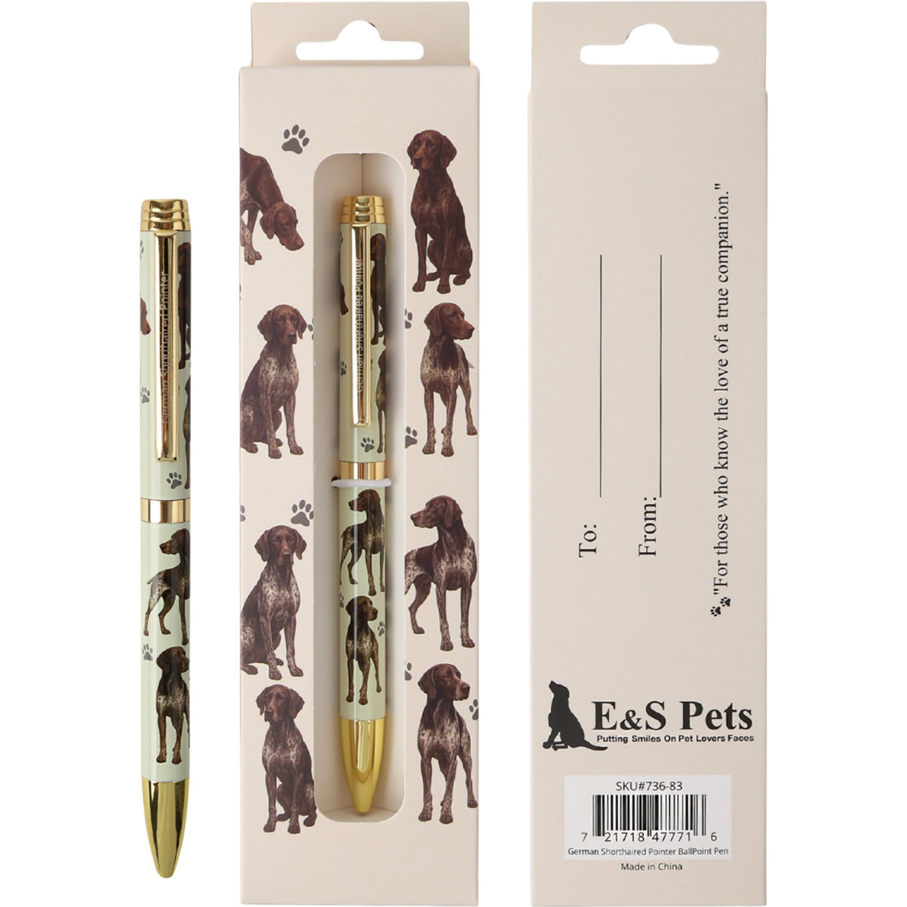 E&S PETS Smooth Writing & Engraved Clip German Shorthaired Pointer Ballpoint Pen Stationery with Gift Box, Cream