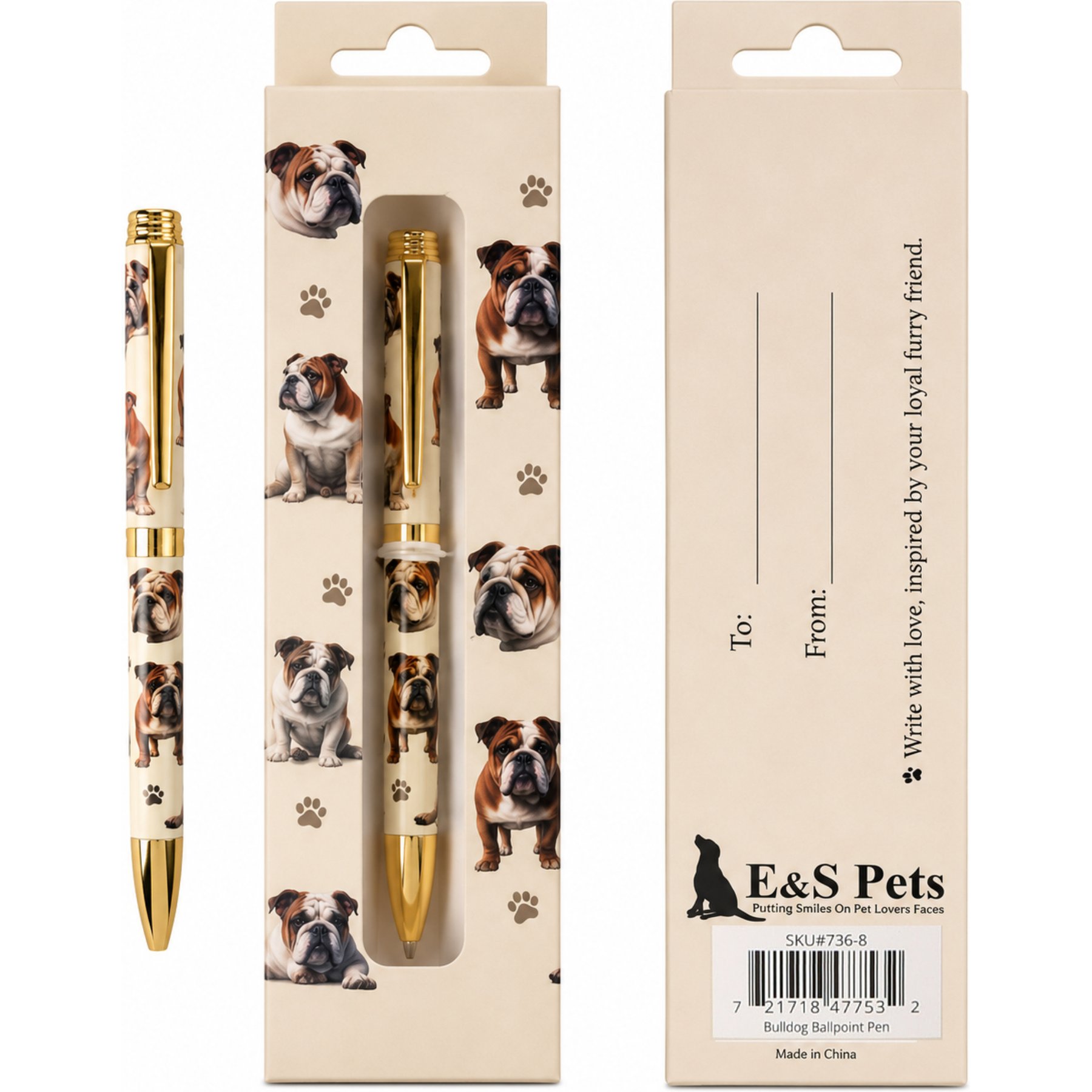 E&S PETS Smooth Writing & Engraved Clip Bulldog Ballpoint Pen Stationery with Gift Box, Cream