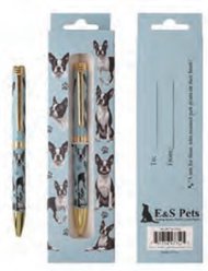 E&S PETS Smooth Writing & Engraved Clip Boston Terrier Light Blue Ballpoint Pen Stationery with Gift Box