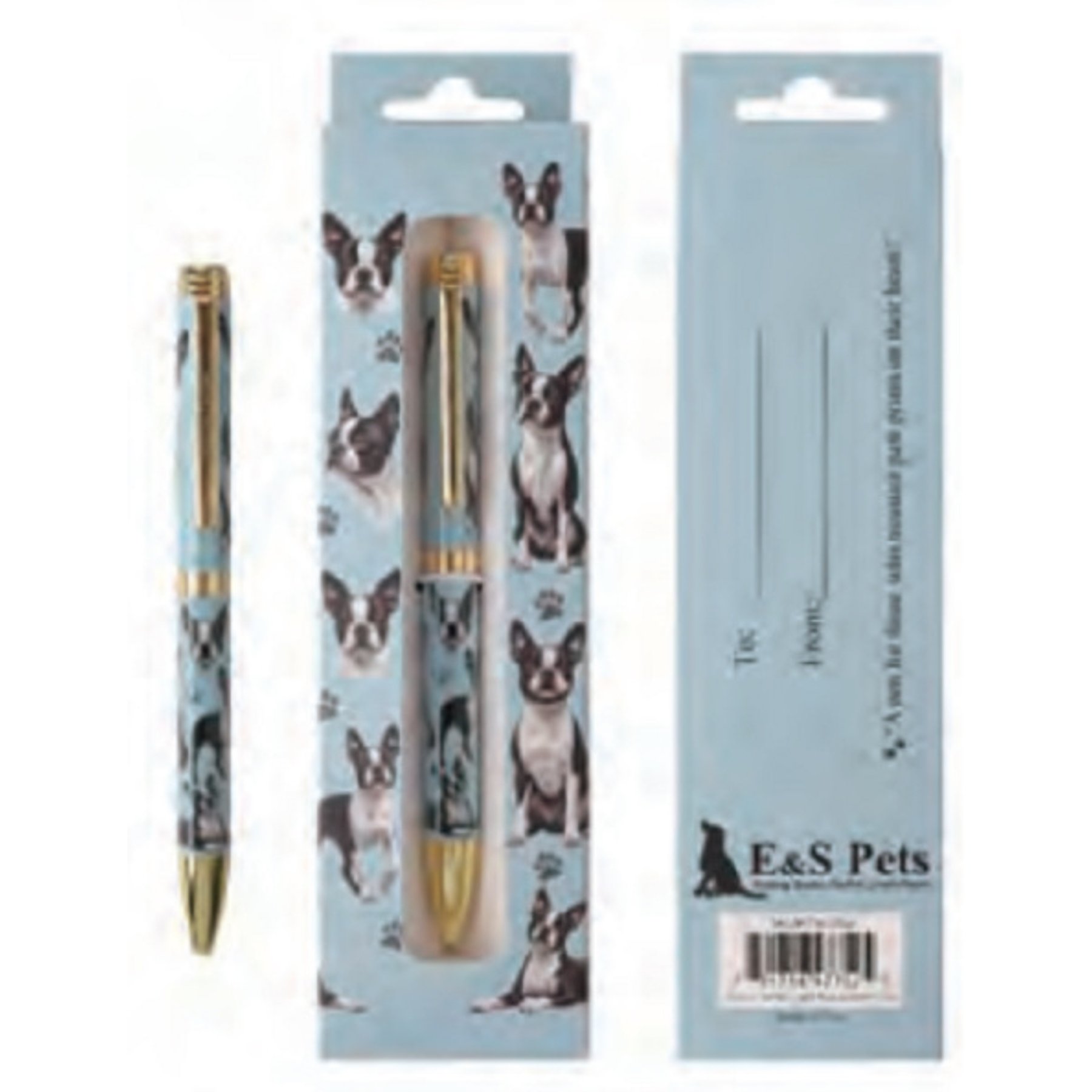 E&S PETS Smooth Writing & Engraved Clip Boston Terrier Light Blue Ballpoint Pen Stationery with Gift Box