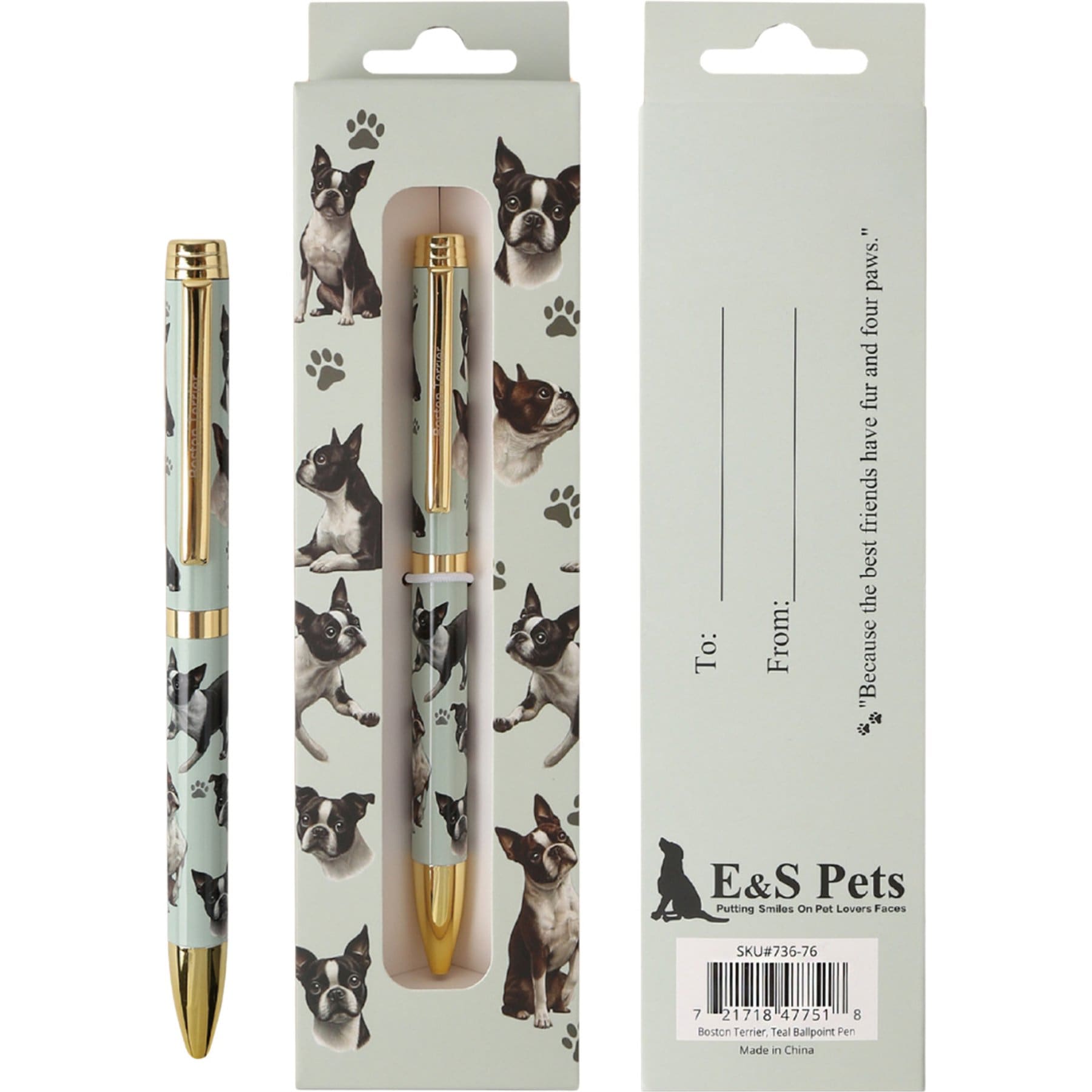 E&S PETS Smooth Writing & Engraved Clip Boston Terrier Teal Ballpoint Pen Stationery with Gift Box, Steal