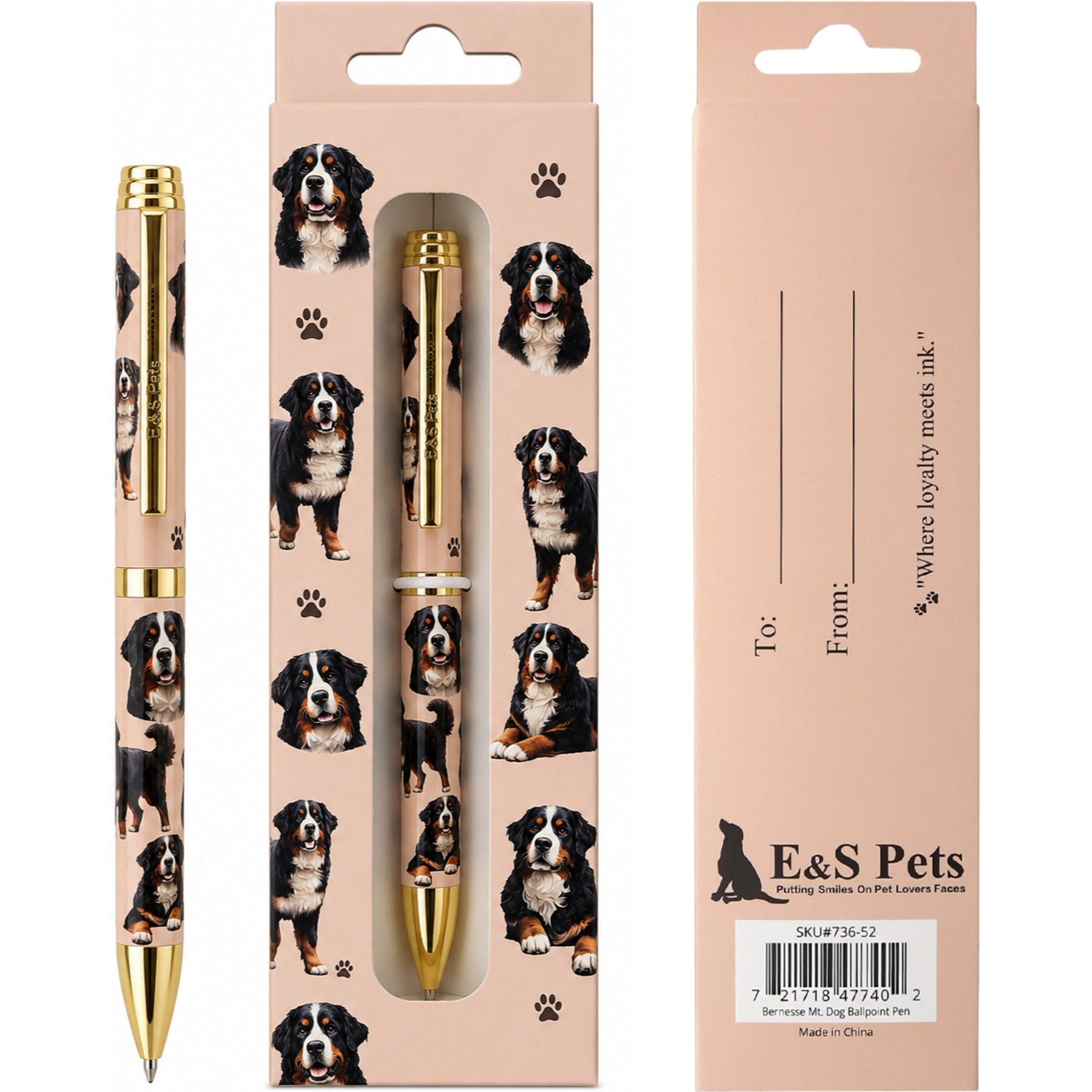 E&S PETS Smooth Writing & Engraved Clip Bernesse Mt. Dog Ballpoint Pen Stationary with Gift Box, Orange