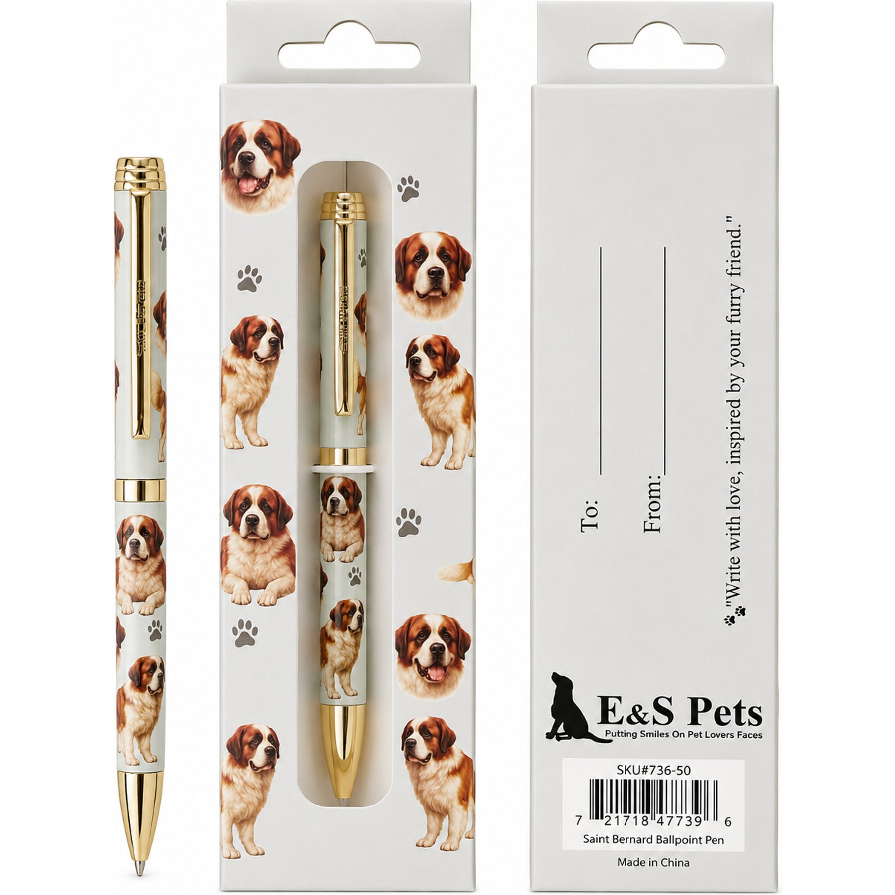 E&S PETS Smooth Writing & Engraved Clip Saint Bernard Ballpoint Pen Stationery with Gift Box, Steal