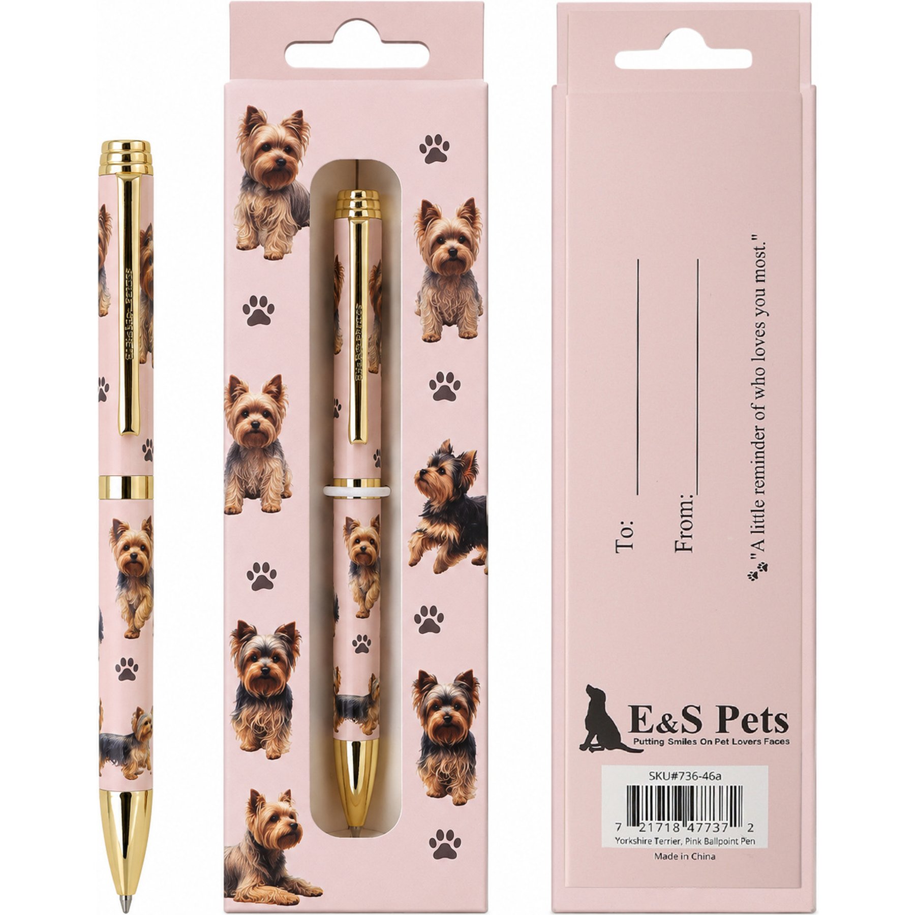 E&S PETS Smooth Writing & Engraved Clip Yorkie Pink Ballpoint Pen Stationery with Gift Box, Pink