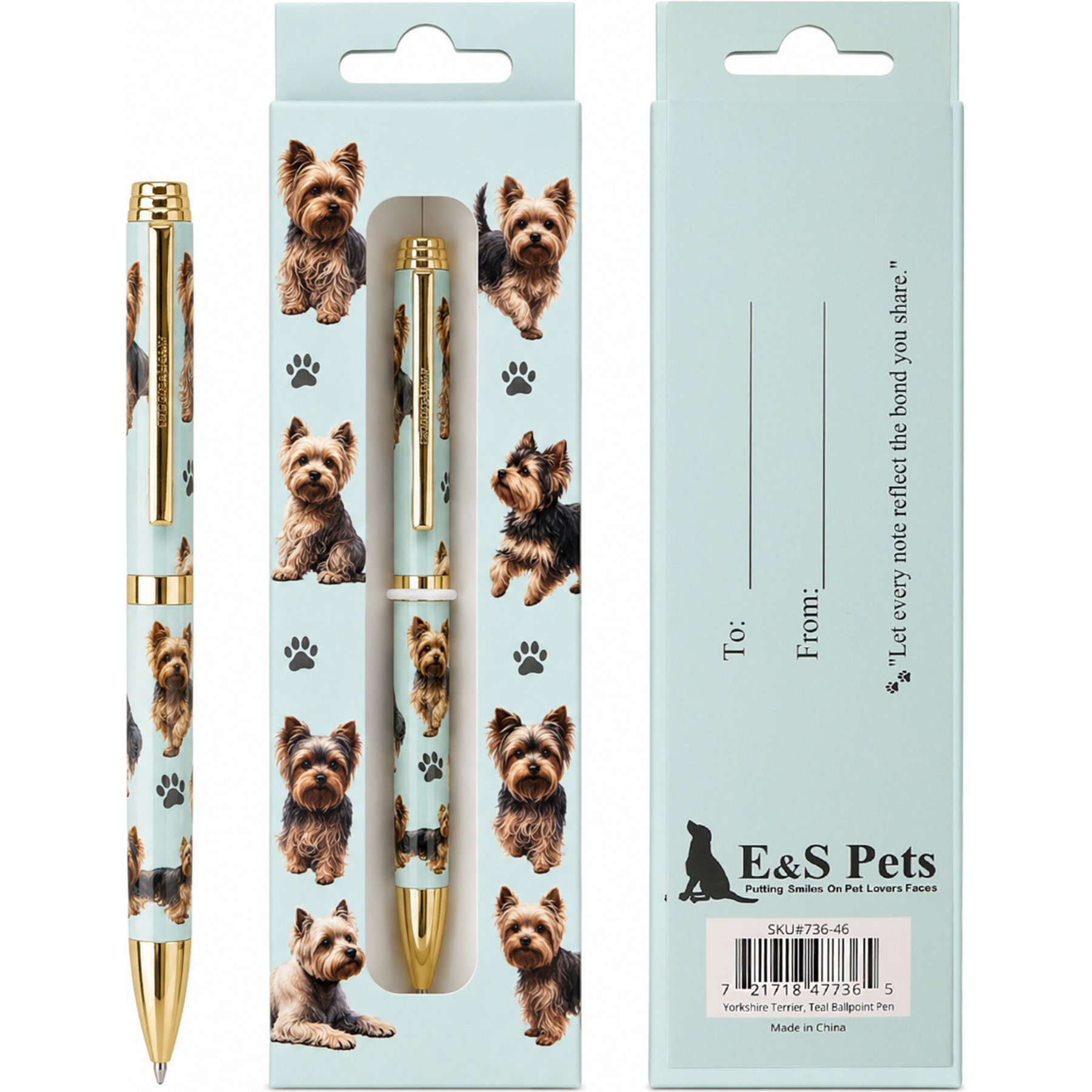 E&S PETS Smooth Writing & Engraved Clip Yorkie Teal Ballpoint Pen Stationery with Gift Box, Light Blue