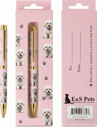 E&S PETS Smooth Writing & Engraved Clip Bichon Frise Ballpoint Pen Stationery with Gift Box, Pink