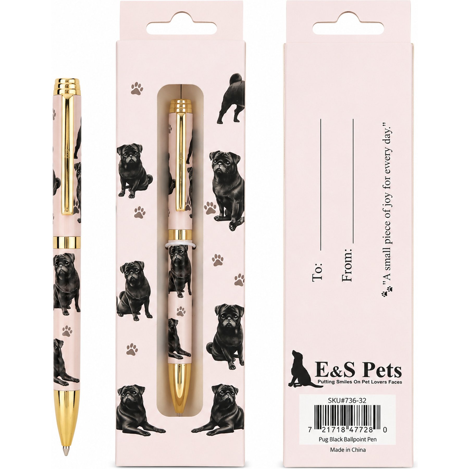 E&S PETS Smooth Writing & Engraved Clip Pug Black Ballpoint Pen Stationery with Gift Box, Pink