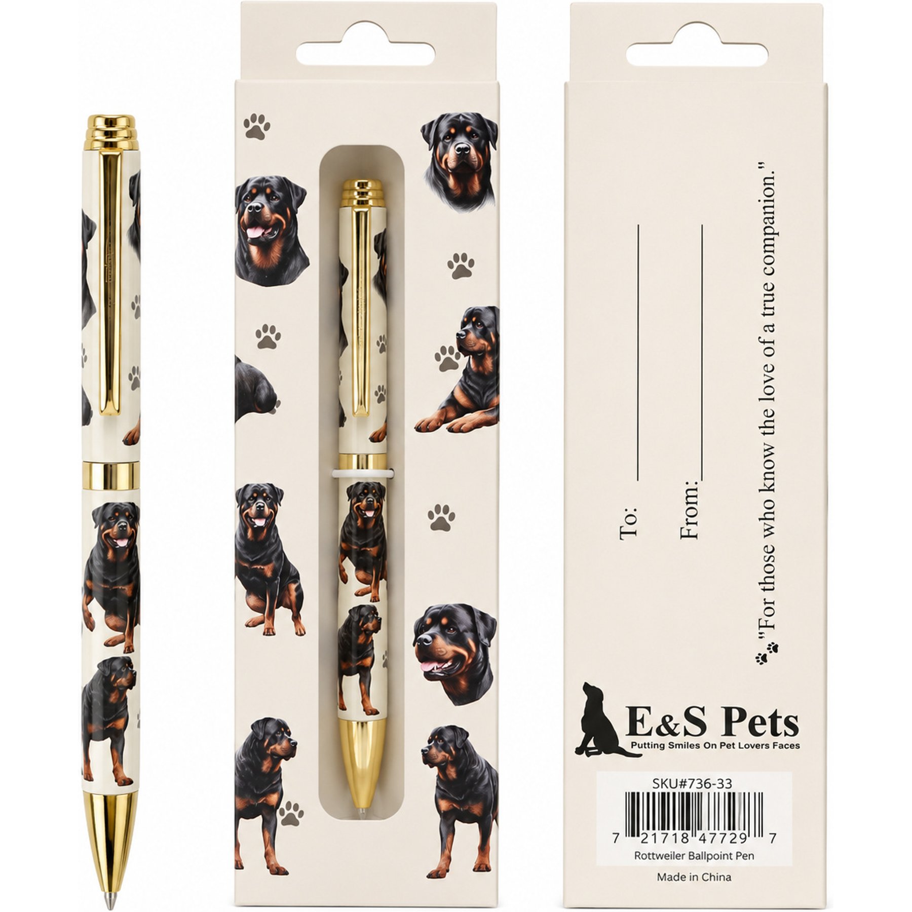 E&S PETS Smooth Writing & Engraved Clip Rottweiler Ballpoint Pen Stationery with Gift Box, Cream