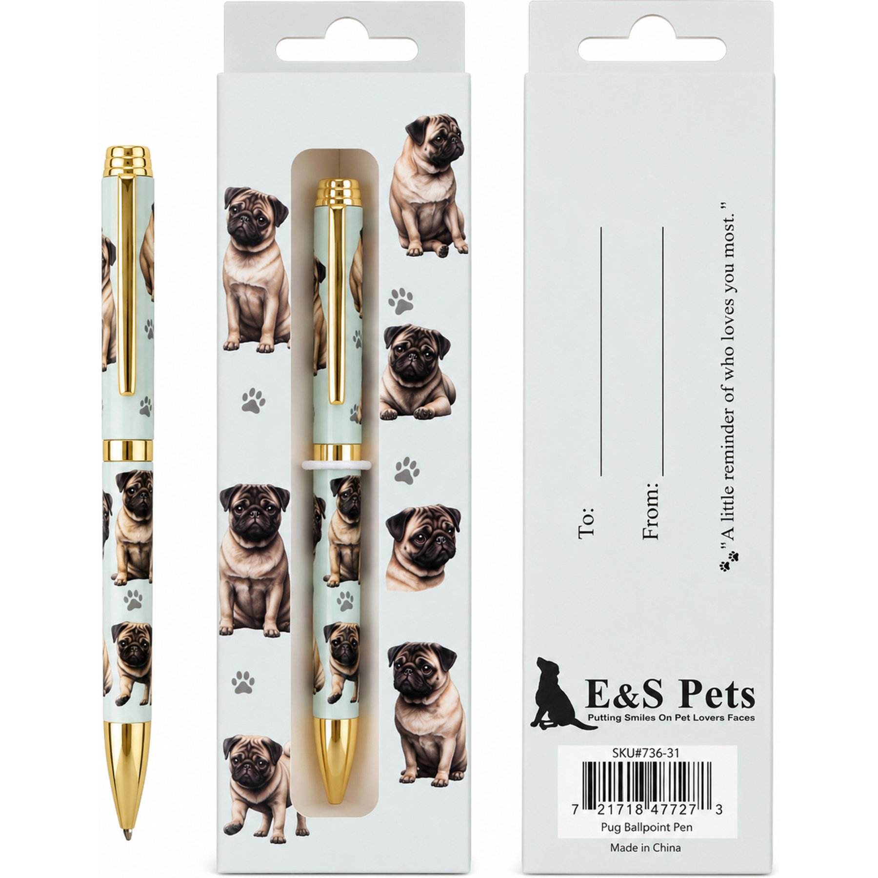 E&S PETS Smooth Writing & Engraved Clip Pug Ballpoint Pen Stationery with Gift Box, Steal