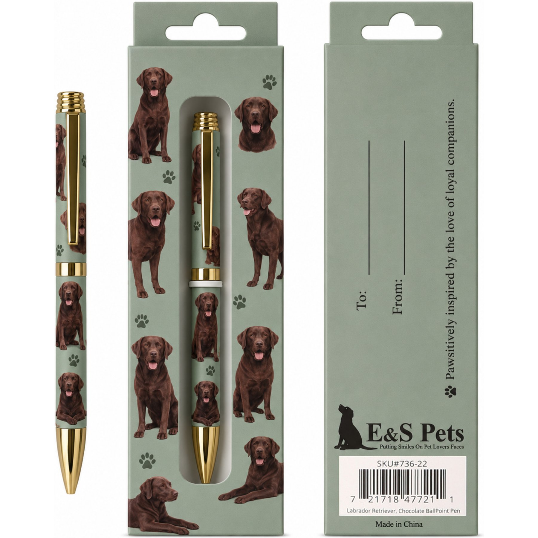 E&S PETS Smooth Writing & Engraved Clip Labrador Chocolate Ballpoint Pen Stationery with Gift Box, Green