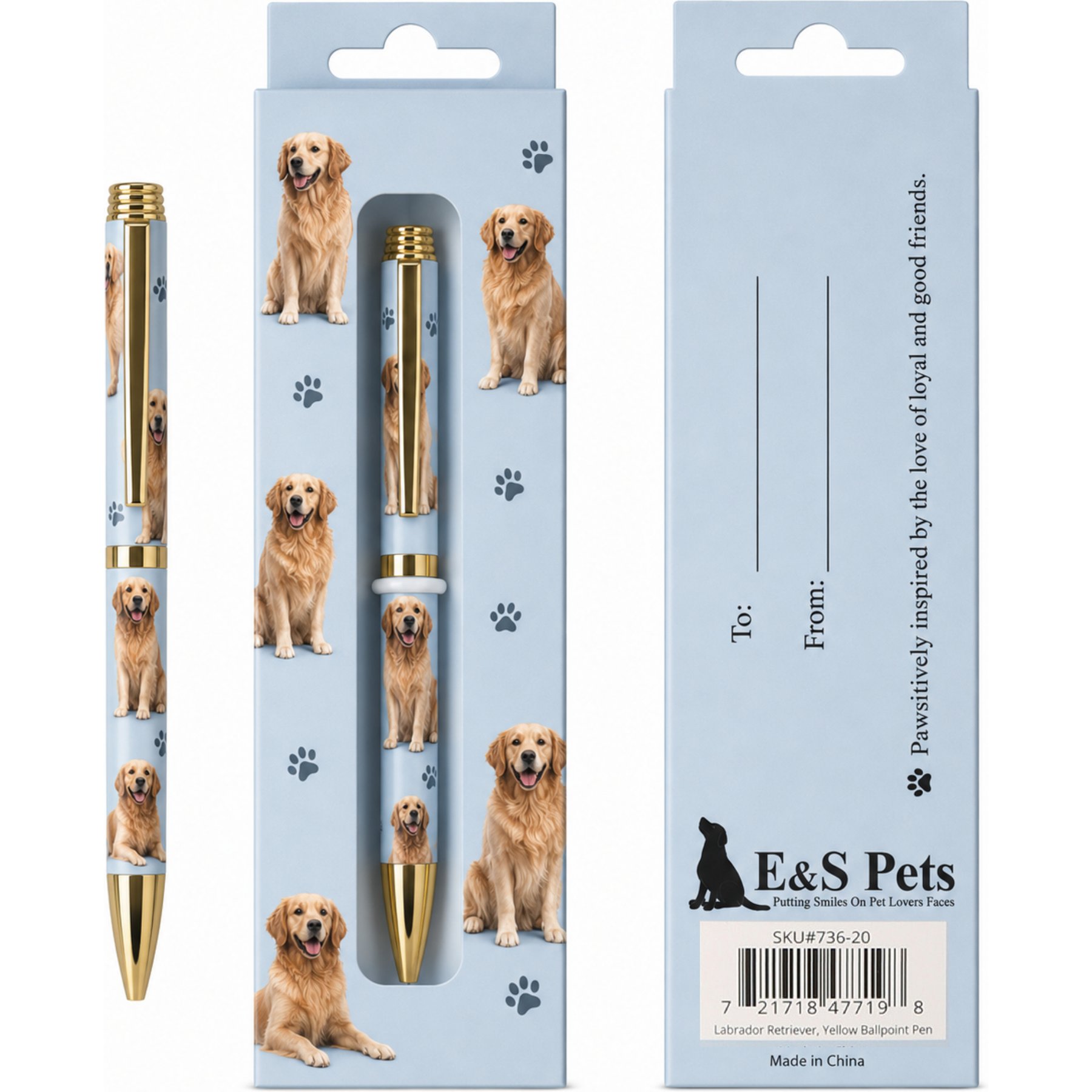 E&S PETS Smooth Writing & Engraved Clip Labrador Yellow Ballpoint Pen Stationery with Gift Box, Light blue